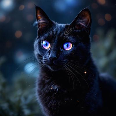 The primary subject of the image is a black cat with blue eyes. The cat is sitting in a forest setting, surrounded by trees and bushes. The visual style of the image is a digital art or illustration, giving it a unique and artistic appearance. The dominant colors in the image are black and blue, creating a striking contrast between the cat's fur and the blue eyes. The overall atmosphere of the image is mysterious and captivating, as the cat appears to be staring into the distance.